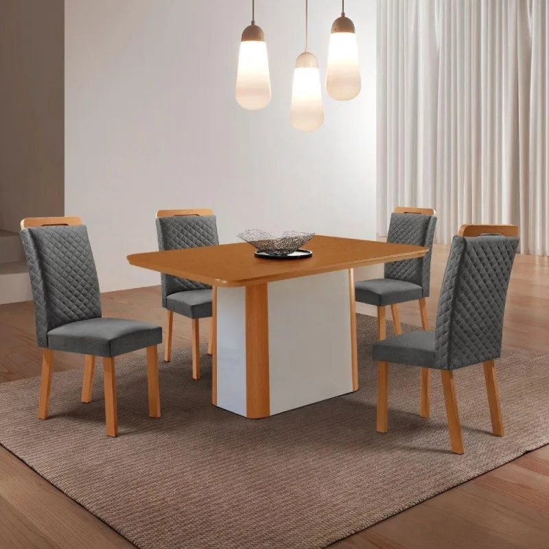 Conjunto de Jantar Isadora 4 Lugares Tampo MDF Cadeiras Lorena em Linho Grafite e Natural 120CM - moderna