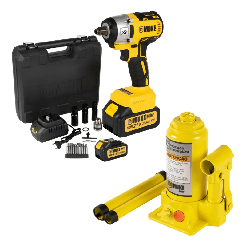 Kit Chave De Impacto 21v Brushless 2 Baterias Com Maleta Macaco Garrafa 4 Toneladas Muke Tools