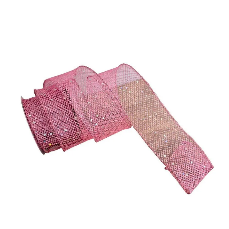 Fita Aramada Decorativa Telinha Rosa em Tecido e Arame 9.14m X 6.30cm Rosa Tok da Casa