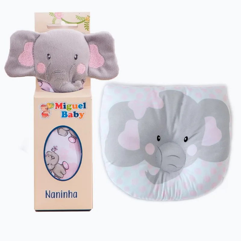 Kit naninha porta chupeta + travesseiro anatômico para bebês elefante rosa