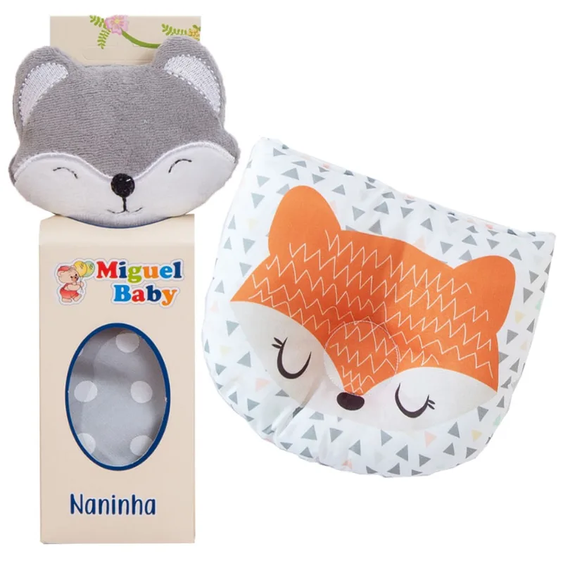 Kit naninha porta chupeta + travesseiro anatômico para bebês raposa cinza