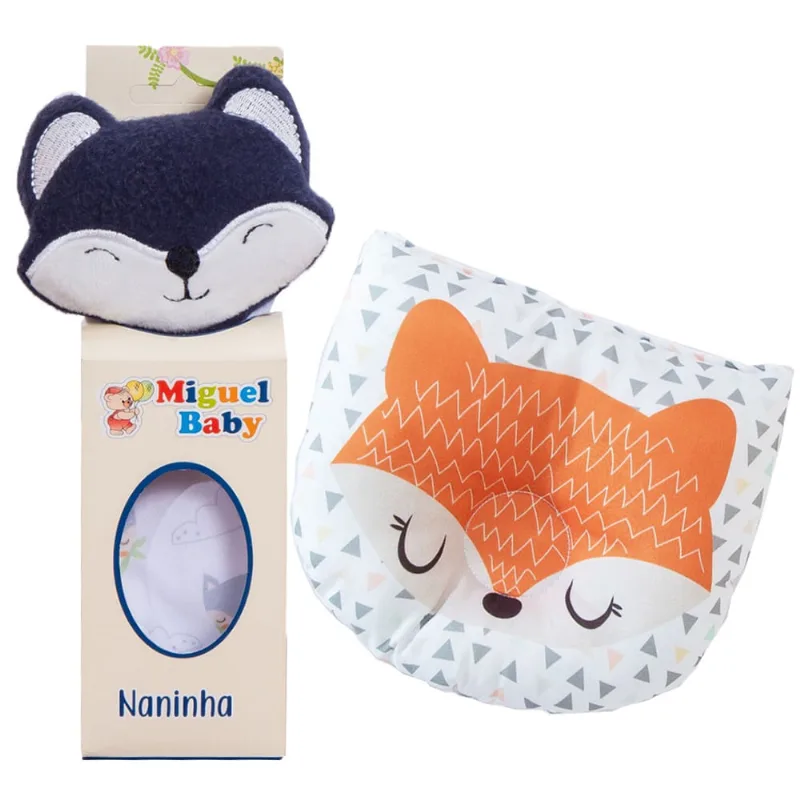 Kit naninha porta chupeta + travesseiro anatômico para bebês raposa marinho