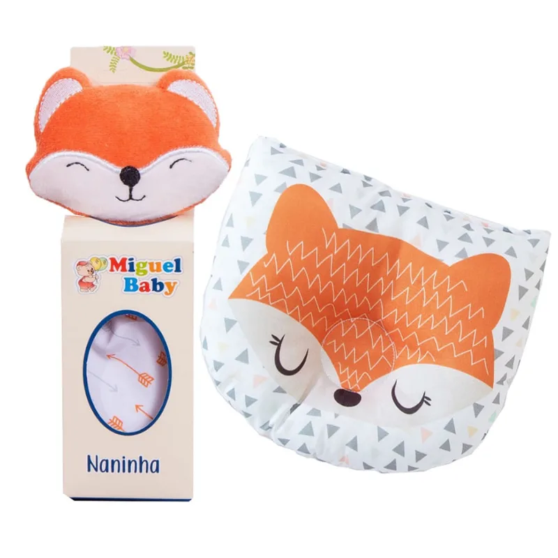 Kit naninha porta chupeta + travesseiro anatômico para bebês raposa