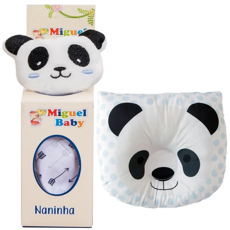 Kit naninha porta chupeta + travesseiro anatômico para bebês panda azul