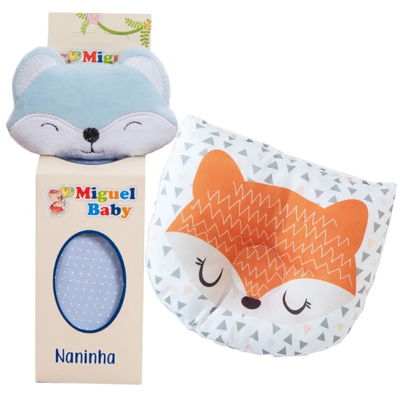Kit naninha porta chupeta + travesseiro anatômico para bebês raposa azul calro