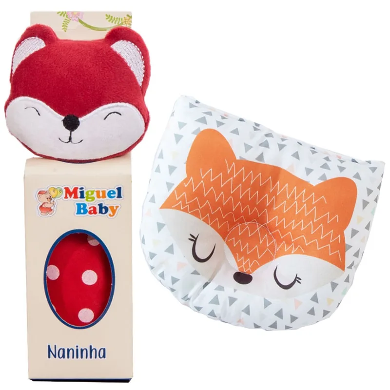 Kit naninha porta chupeta + travesseiro anatômico para bebês raposa vermelho