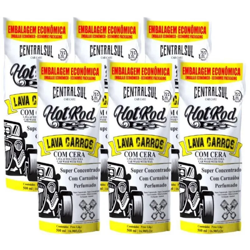 Kit 6 Lava Carros Hot Rod Com Cera Centralsul 500ml