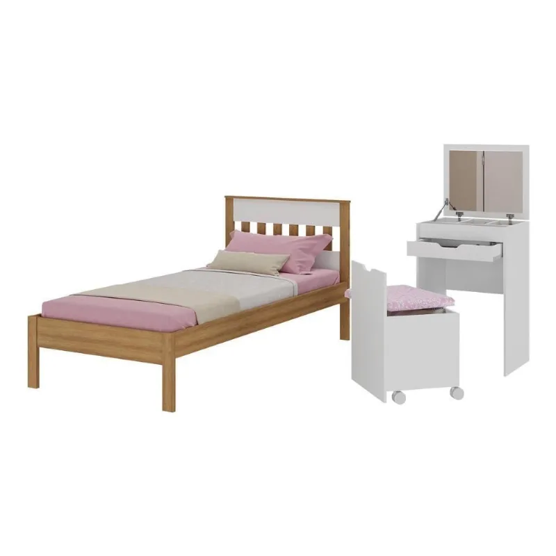 Cama De Solteiro Para Colchão 88 X 188 Cm Com Penteadeira 54cm E Puff Multimóveis CR40121 Amêndoa/branco - Multimóveis