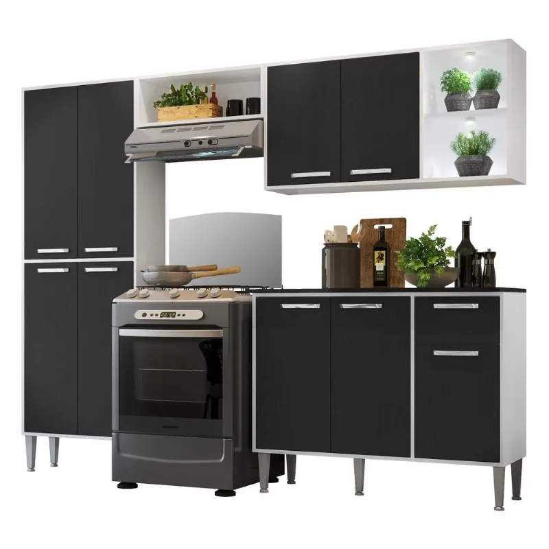 Armário de Cozinha Compacta c/ 2 Leds Balcão c/ Tampo 4 pçs Xangai Multimóveis Branca/Preta