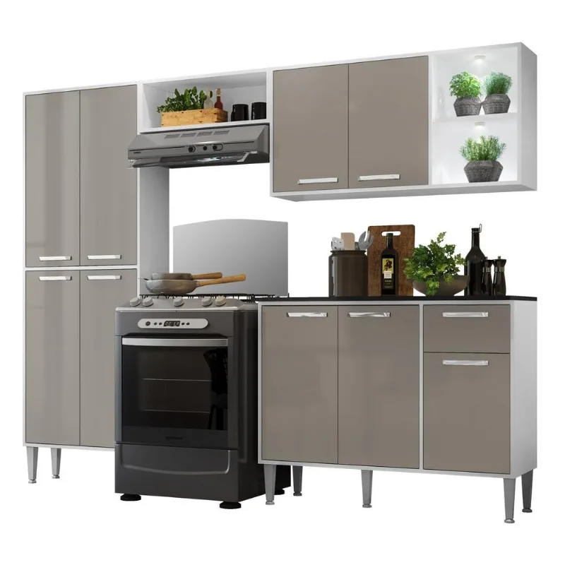 Armário de Cozinha Compacta c/ 2 Leds Balcão c/ Tampo 4 pçs Xangai Multimóveis Bca/Lca Fumê - Multimóveis