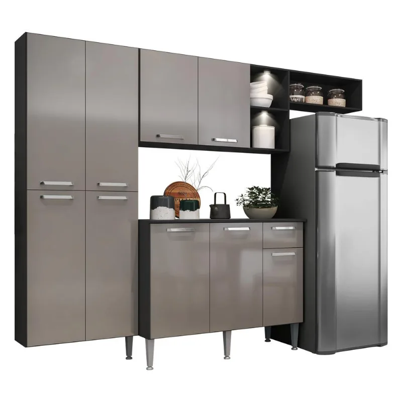 Armário de Cozinha Compacta com 2 Leds Balcão com Tampo Pequim Sun Multimóveis Preta/Lacca Fumê - Multimóveis