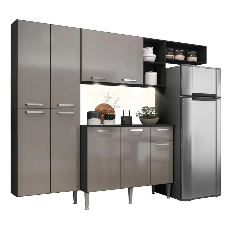 Armário de Cozinha Compacta com 3 Leds Balcão com Tampo Pequim Sun Multimóveis Preta/Lacca Fumê - Multimóveis