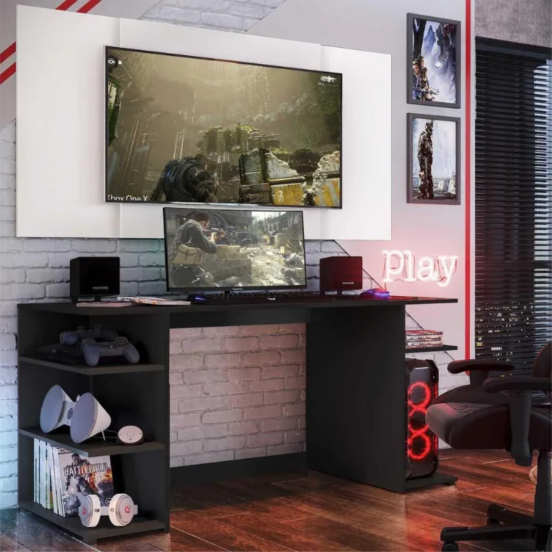 Mesa Gamer Escrivaninha com Painel TV 65" Guilda Multimóveis Preto/Branco - Multimóveis
