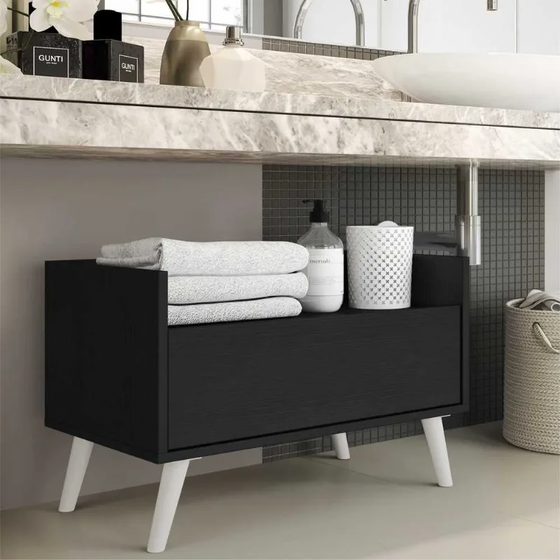 Gabinete Armário Banheiro 60 cm com Pés Retrô Multimóveis Preto/Branco - Multimóveis