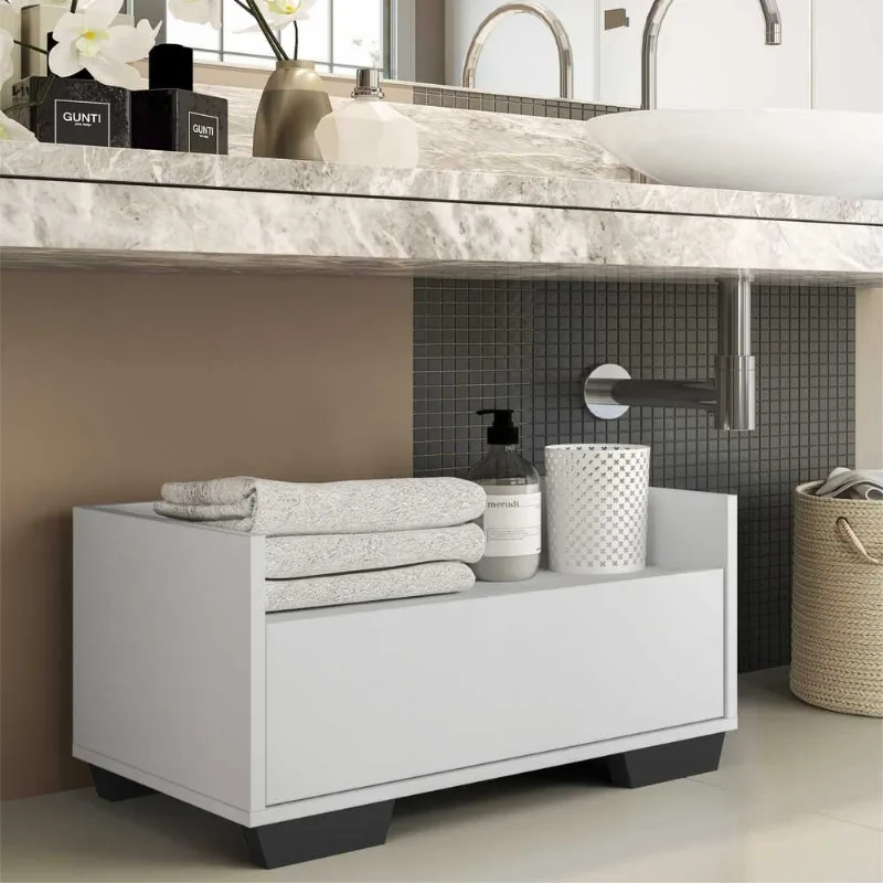 Gabinete Armário Banheiro 60 cm com Pés Quadrados Multimóveis Branco/Preto