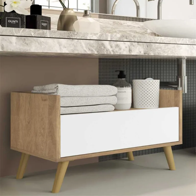 Gabinete Armário Banheiro 80 cm com Pés Retrô Multimóveis Rustic/Branco/Natural