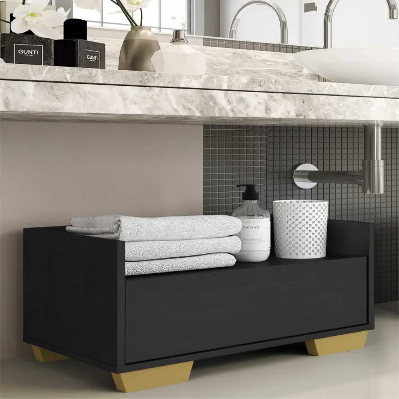 Gabinete Armário Banheiro 80 cm com Pés Quadrados Multimóveis Preto/Natural - Multimóveis