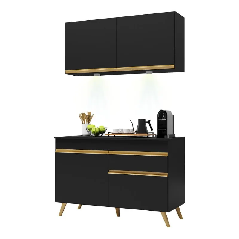 Armário de Cozinha Compacta 2 peças com Leds MP2012 Veneza Up Multimóveis Preta - Multimóveis