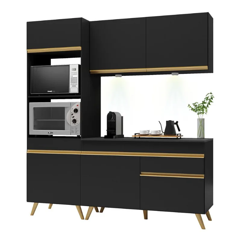 Armário de Cozinha Compacta 3 peças com Leds MP2019 Veneza Up Multimóveis Preta - Multimóveis