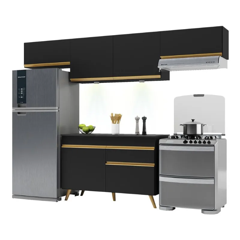 Armário de Cozinha Compacta 4 peças com Leds MP2022 Veneza Up Multimóveis Preta - Multimóveis