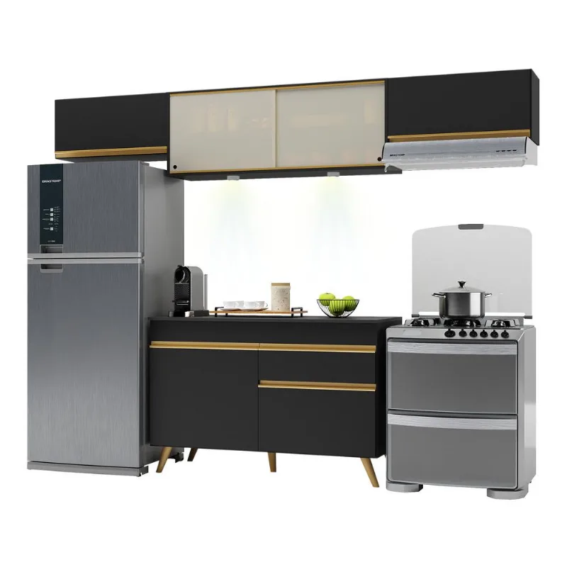Armário de Cozinha Compacta 4 peças com Leds MP2023 Veneza Up Multimóveis Preta - Multimóveis