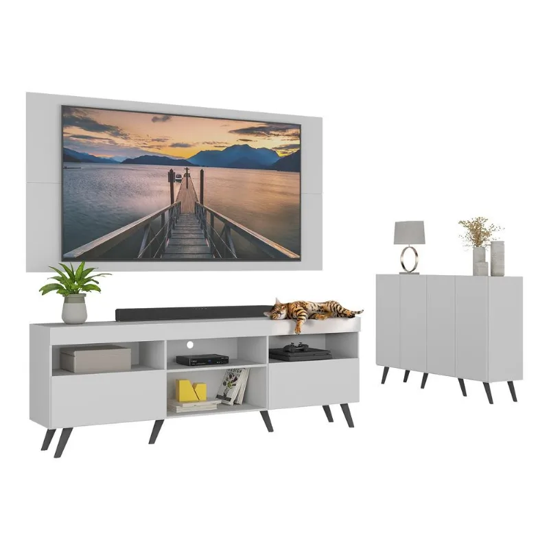 Conjunto Sala de Estar Rack + Painel TV 65" e Aparador Retrô Sofia Multimóveis Branco/Preto - Multimóveis