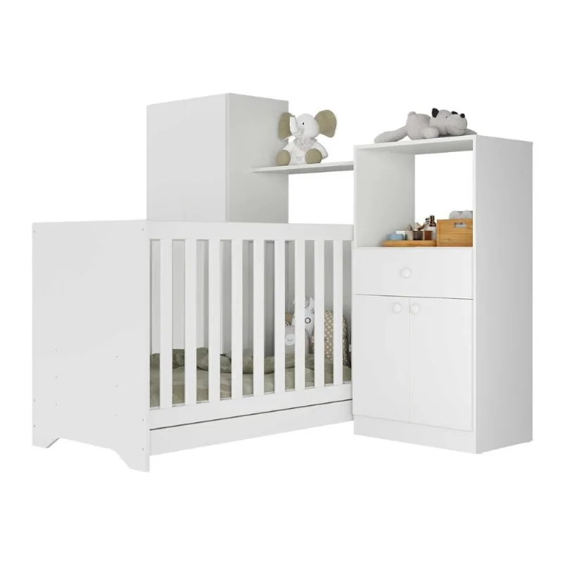 Quarto Infantil com Berço 3 em 1 e Colchão Incluso Luíza Multimóveis Branco - Multimóveis