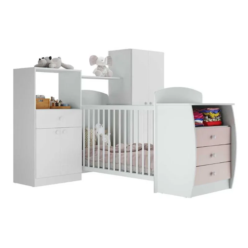 Quarto Infantil com Berço-Cômoda e Colchão Incluso Laura Multimóveis Branco/Rosa - Multimóveis