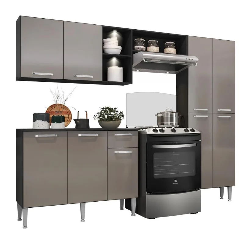 Armário de Cozinha Compacta Multimóveis Pequim Up FG3412 com 2 Leds Armário e Balcão Preta/Lacca Fumê - Multimóveis