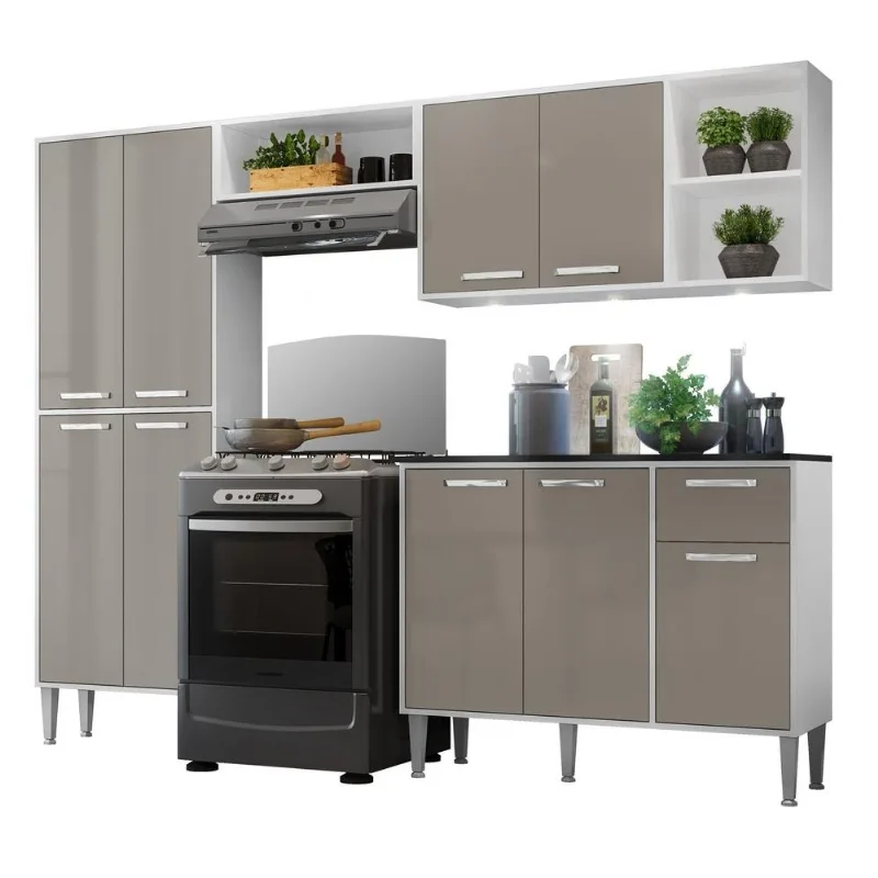 Armário de Cozinha Compacta Multimóveis Xangai FG3415 com 3 Leds e Balcão Branca/Lacca Fumê - Multimóveis