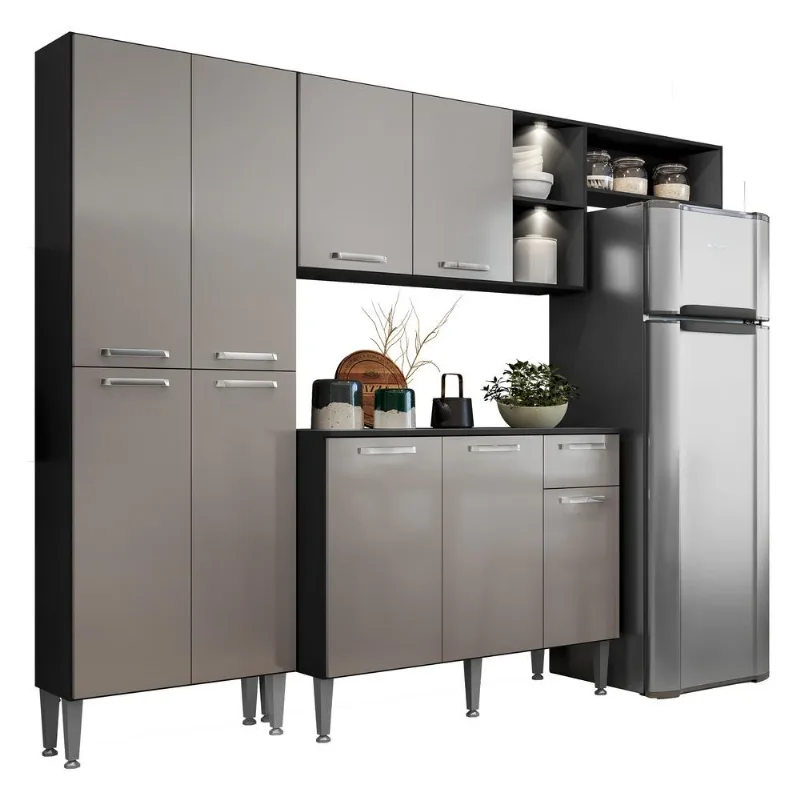 Armário de Cozinha Compacta Multimóveis Pequim FG3572 com 2 Leds e Balcão Preta/Lacca Fumê - Multimóveis