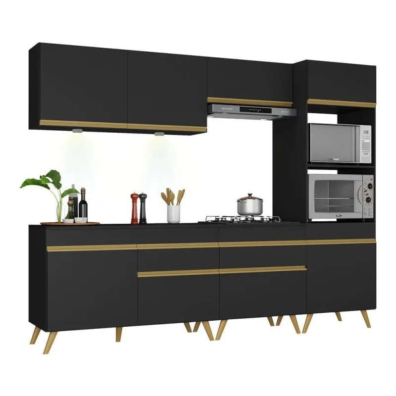 Cozinha Completa VenezaUp Fg2035 Leds Armário E Balcão Preta - Multimóveis - Agro