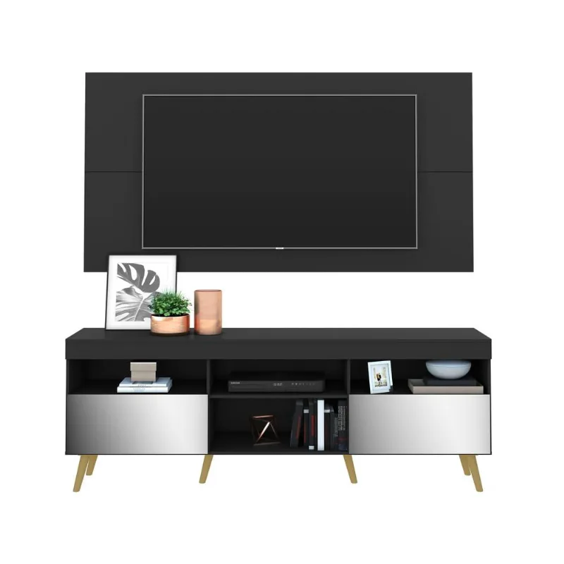 Rack com Painel Retrô com Espelho para TV até 65" Multimóveis Flórida FG3138 Preto/Natural - Multimóveis