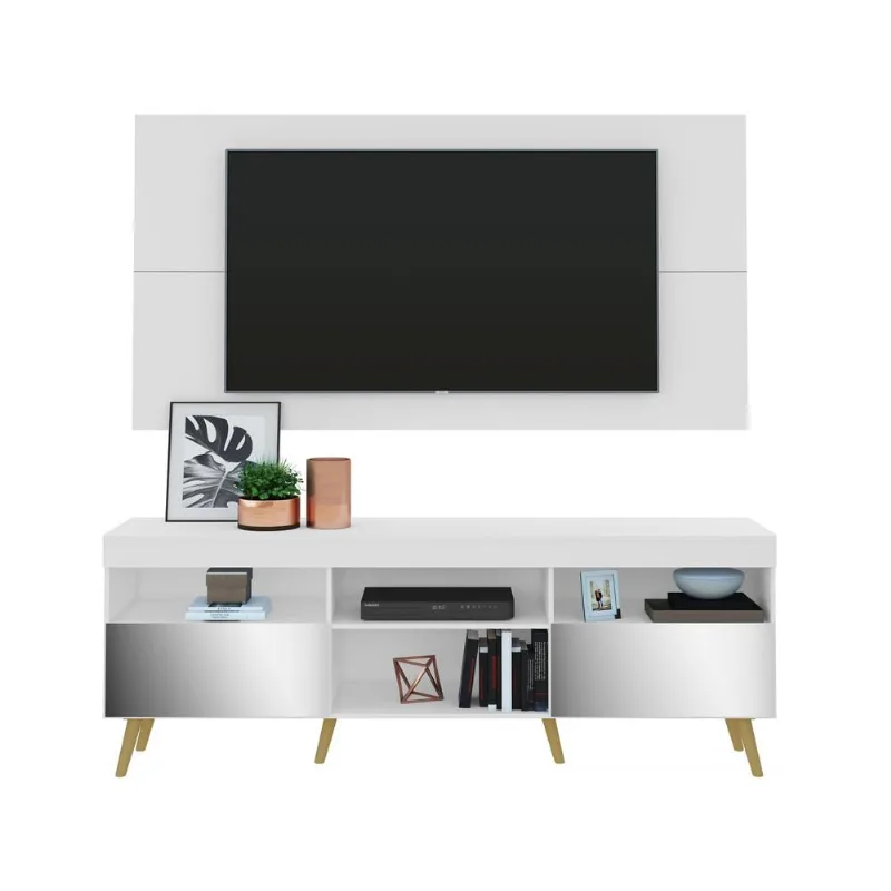 Rack com Painel Retrô com Espelho para TV até 65" Multimóveis Flórida FG3138 Branco/Natural