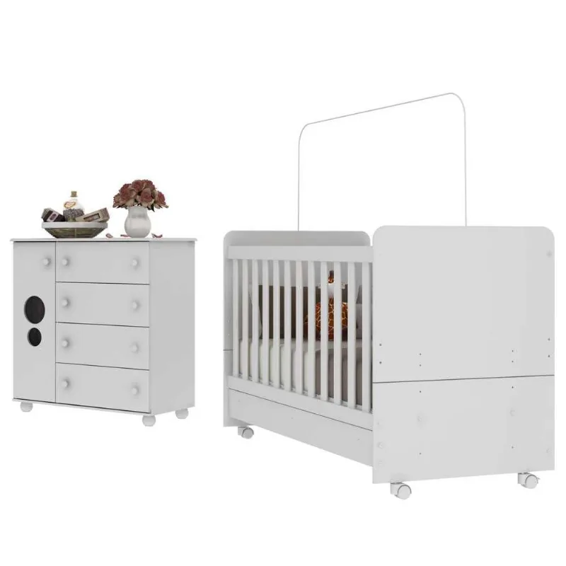 Quarto Infantil Berço com Colchão Incluso e Cômoda Multimóveis Pimpolho FG3570 Branco