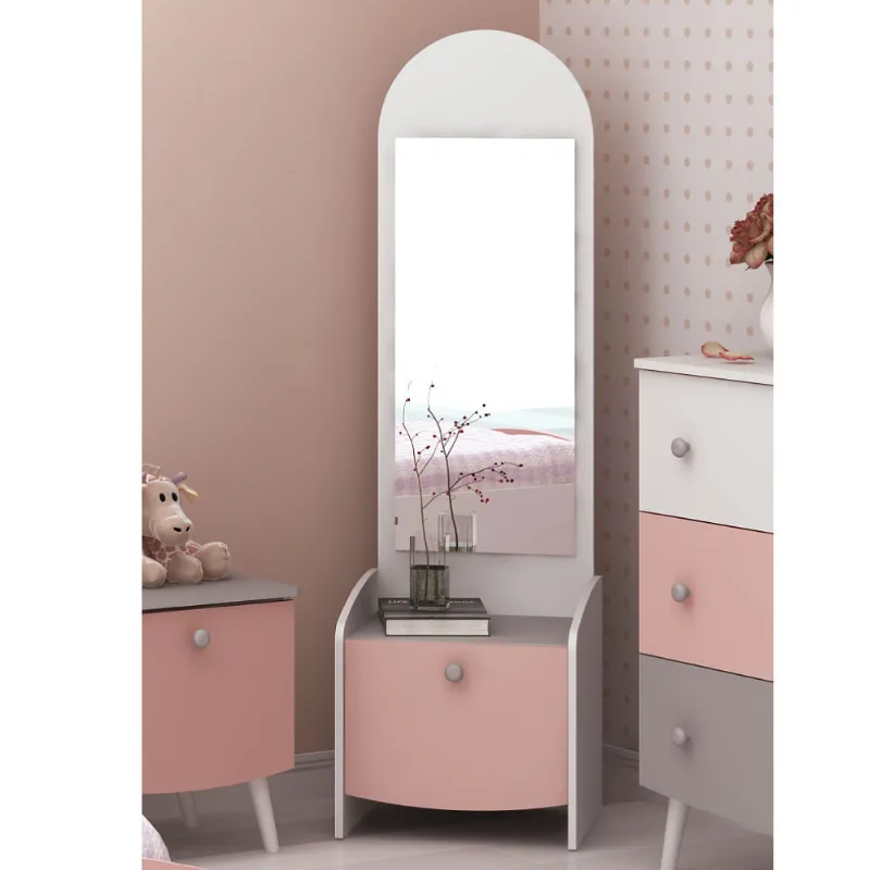 Mesa de Cabeceira Infantil Ternura com Espelho - Branco/Rosa/Cinza - Multimóveis