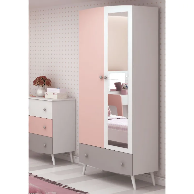 Guarda Roupa Infantil Ternura com 2 Porta e Espelho - Branco/Rosa/Cinza - Multimóveis