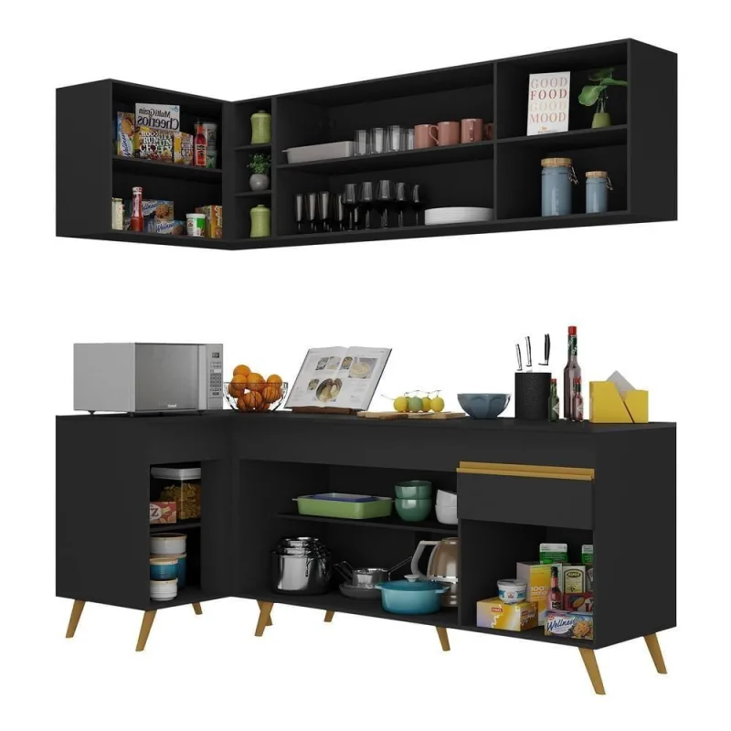 Cozinha Compacta De Canto Mp2058 Com Armário E Balcão Preta - Multimóveis - Móveis