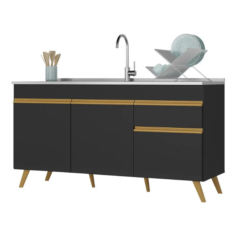 Balcão Cozinha Gabinete Pia 150 cm 3 Portas 1 Gaveta Veneza GB Multimóveis MP2072 Preto - Multimóveis