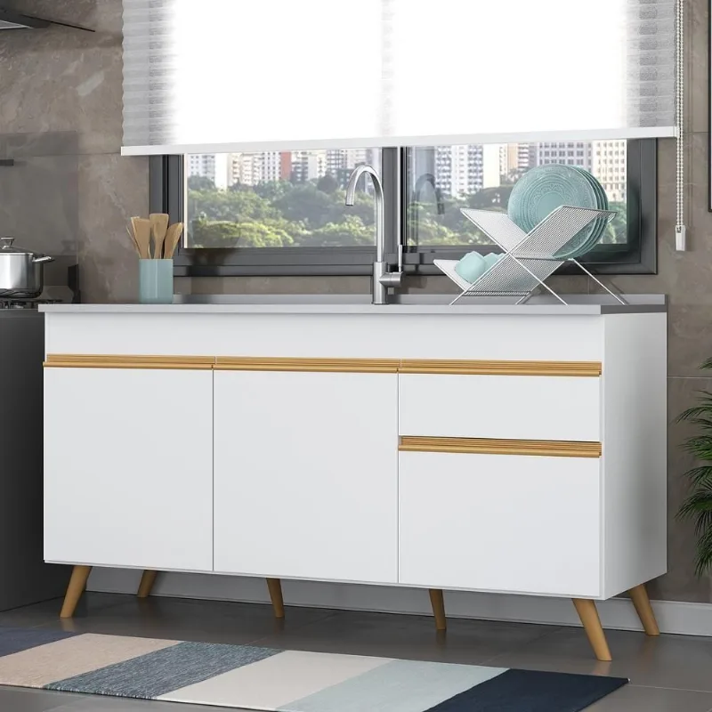 Balcão Cozinha Gabinete Pia 150 Cm 3 Portas Gw Mp2072 Branco - OUTRAS