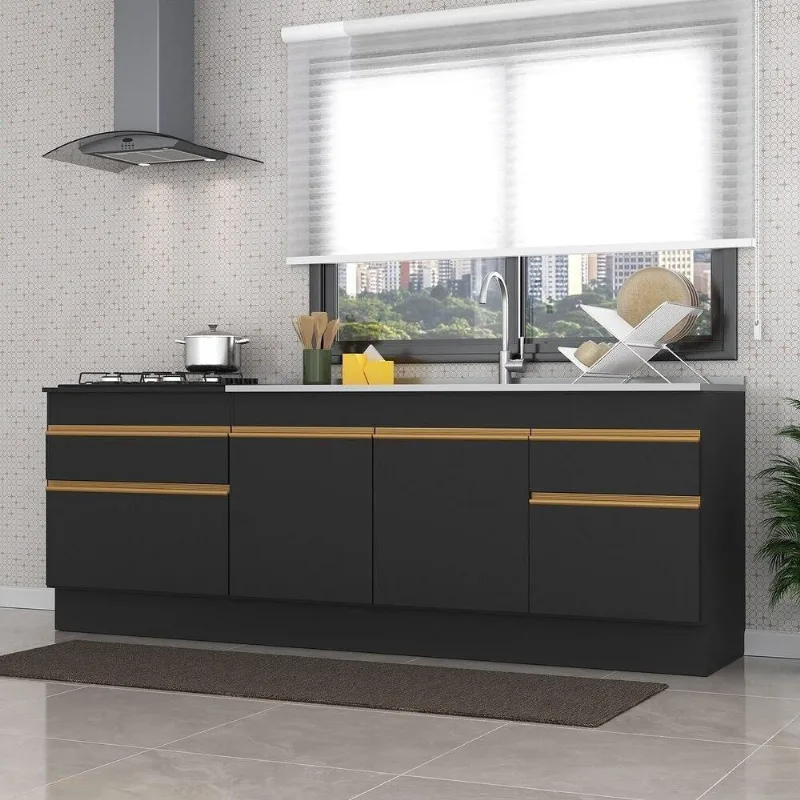 Kit 2 Balcões Com Rodapé Gabinete Pia E Cooktop Preto - Multimóveis