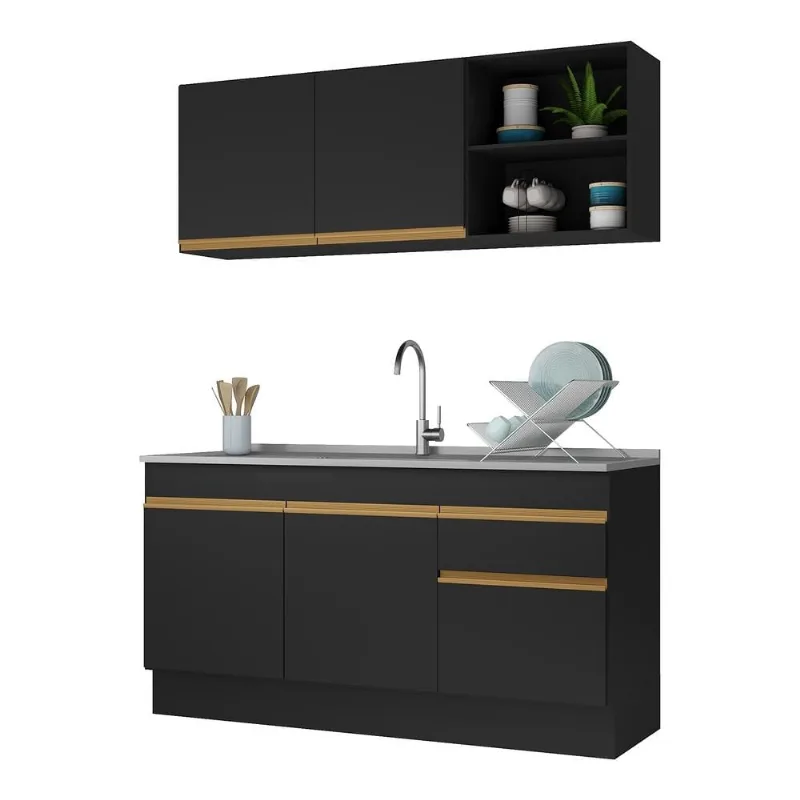 Armário de Cozinha Compacta com Rodapé Veneza Multimóveis MP2114 Preta - Multimóveis