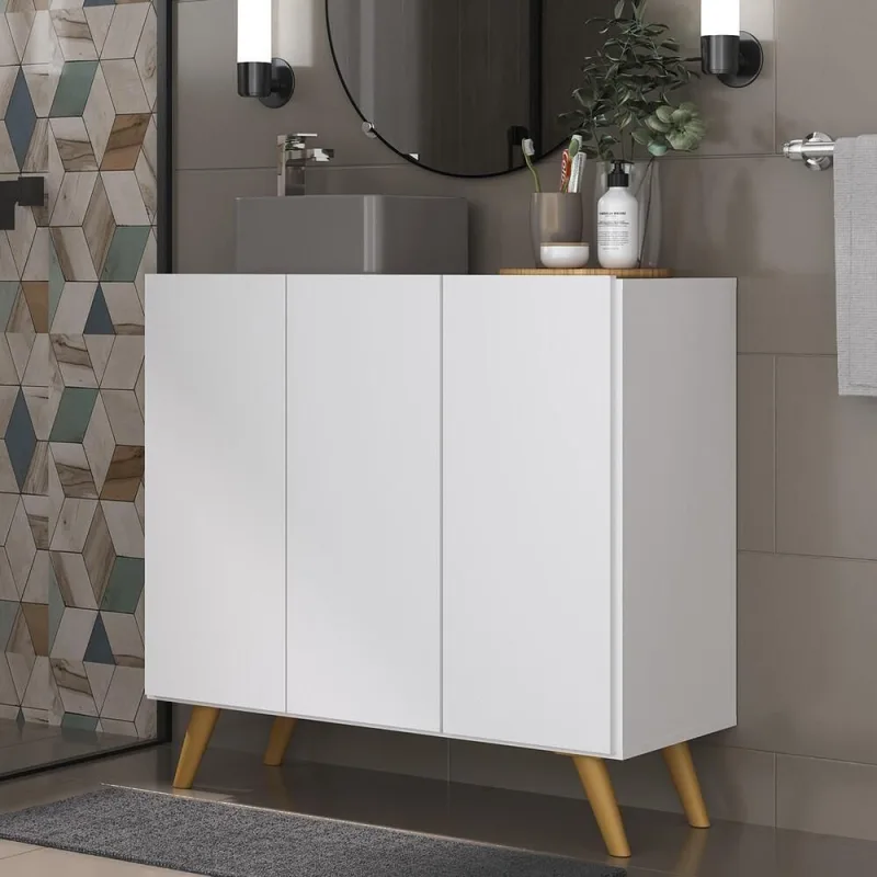 Gabinete Banheiro 3 Portas Retrô 90Cm Mp5030 Branco/Natural - OUTRAS