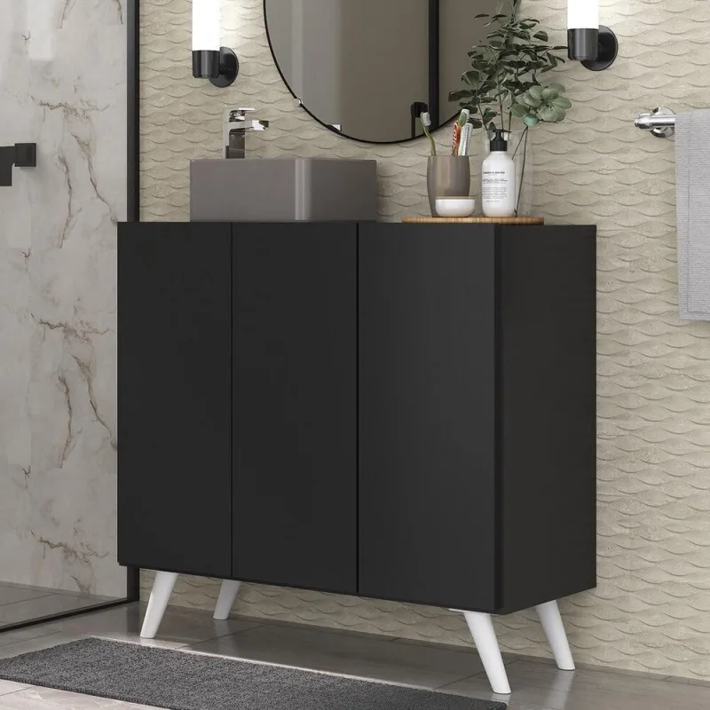 Gabinete Banheiro 3 Portas Retrô 90Cm Mp5030 Preto/Branco - OUTRAS