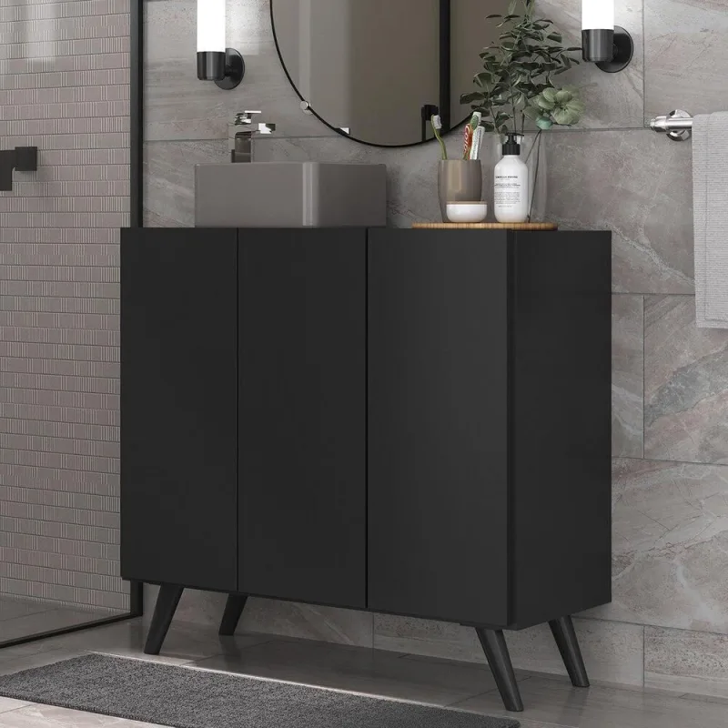 Gabinete Banheiro 3 Portas Retrô 90Cm Mp5030 Preto - OUTRAS