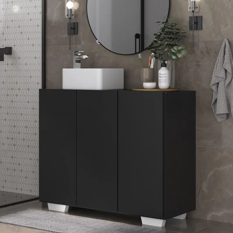 Gabinete Banheiro 3 Portas 90Cm Mp5031 Preto/Branco - Multimóveis - Agro