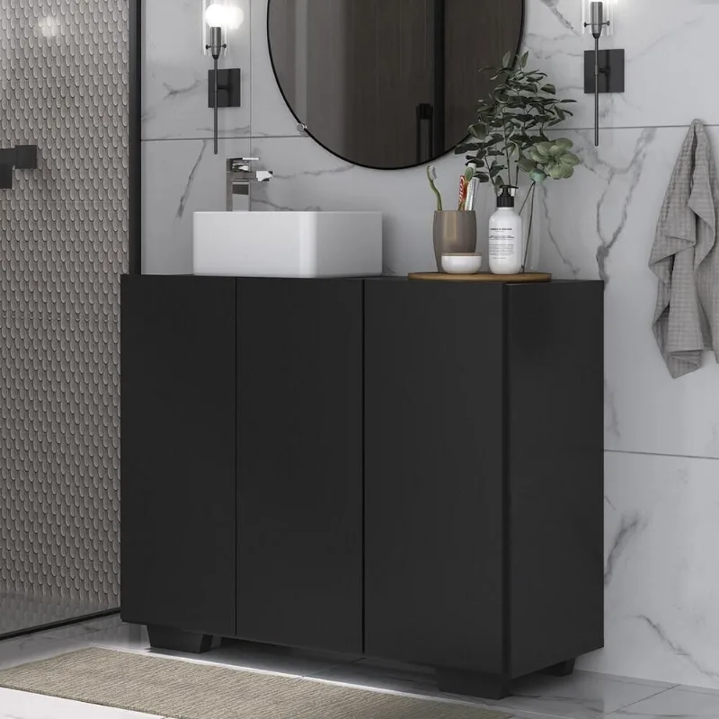 Gabinete Banheiro 3 Portas 90cm Mp5031 Preto - OUTRAS