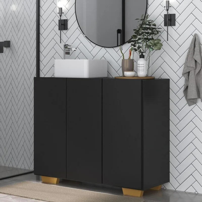 Gabinete Banheiro 3 Portas 90cm Mp5031 Preto Natural - Multimóveis