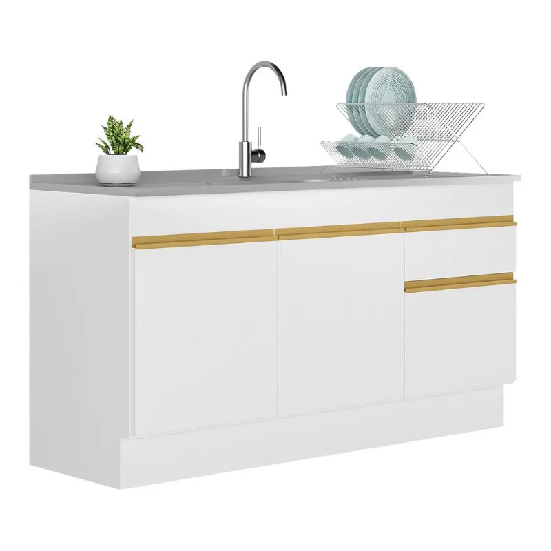 Balcão Cozinha com Rodapé Gabinete Pia 150 cm 3 Portas 1 Gaveta Veneza GW Multimóveis MP2115 Branco - Multimóveis