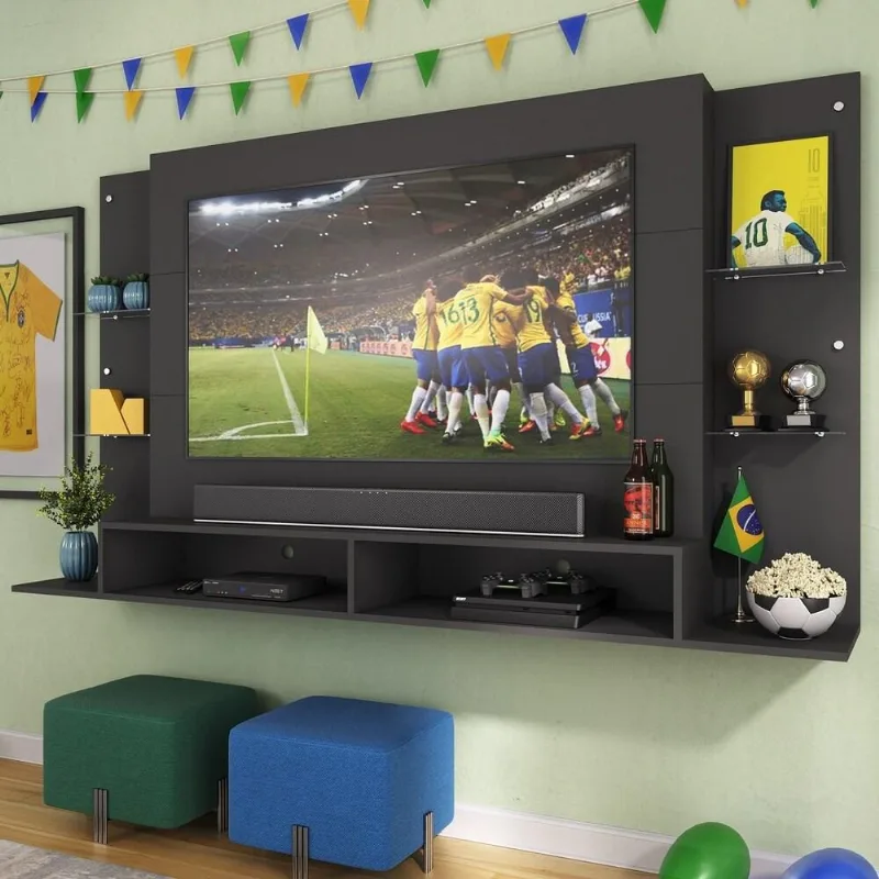 Painel TV 60" com Suporte e Prateleiras de Vidro Brasil Multimóveis BR3071 Preto - Multimóveis